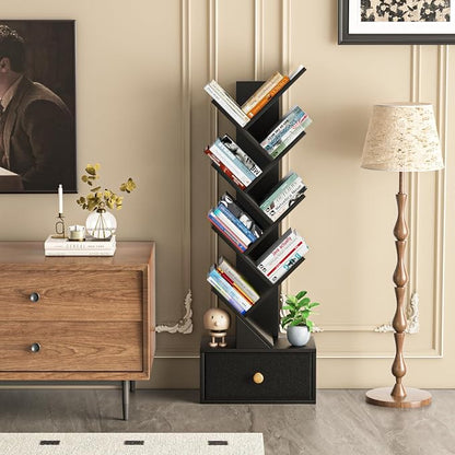 SHEEPAM 8 Tier Tree Bookshelf with Drawer, Free Standing Wood Bookcase for Living Room, Bedroom, Home Office, Space Saving Storage Organizer Bookshelves for Books, CDs, Vinyl Records- Black