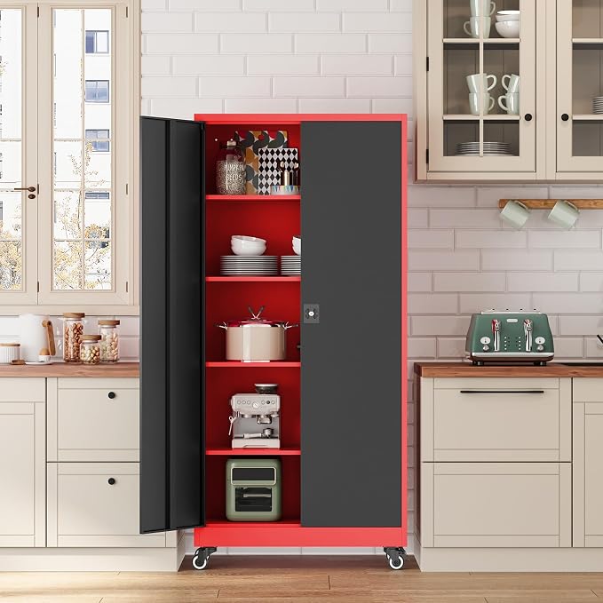 Fesbos Metal Rolling Storage Cabinet-74.6” Tall Steel File Cabinets with Wheels Lockable Doors and Adjustable Shelves-Black & Red Steel Storage Cabinet for Home, School, Office, Garage
