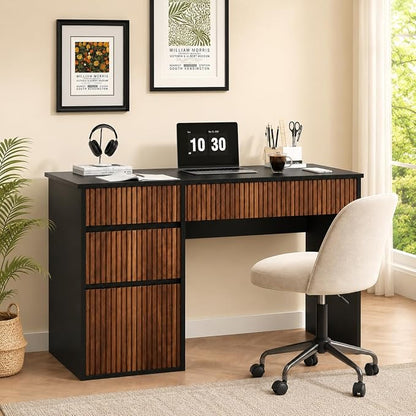 4 EVER WINNER Computer Desk with Drawers, 48 Inch Fluted Small Desk with Storage for Small Spaces, Wood Home Office Desk for Study, Living Room, Bedroom, Black