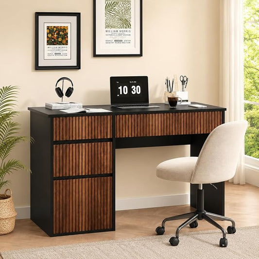 4 EVER WINNER Computer Desk with Drawers, 48 Inch Fluted Small Desk with Storage for Small Spaces, Wood Home Office Desk for Study, Living Room, Bedroom, Black