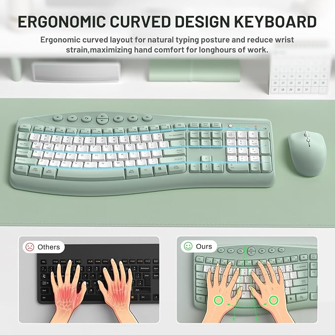 Wireless Keyboard and Mouse Combo,2.4G Full Size Ergonomic Curved Silent Keyboard with Fn Multimedia Keys for Office and Home, 3-DPI Quiet Mouse for Windows,Mac OS Desktop/Laptop/PC (Avocado Green-B)