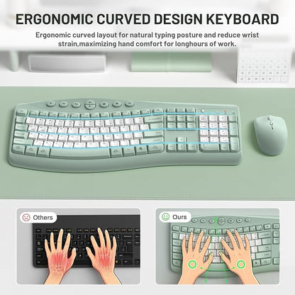 Wireless Keyboard and Mouse Combo,2.4G Full Size Ergonomic Curved Silent Keyboard with Fn Multimedia Keys for Office and Home, 3-DPI Quiet Mouse for Windows,Mac OS Desktop/Laptop/PC (Avocado Green-B)