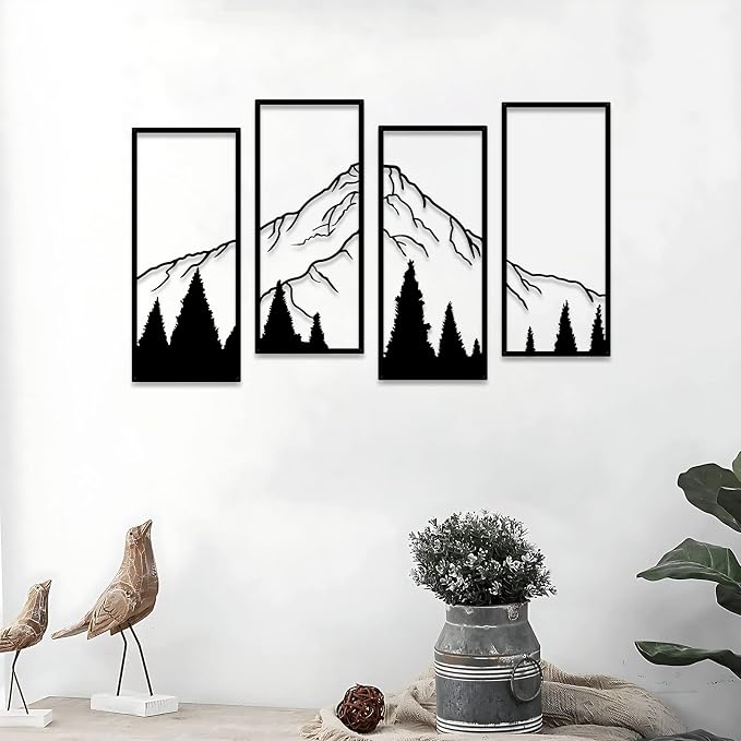 ruelen 4 Pcs Metal Mountain and Forest Wall Decorations, Minimalist Line Drawing Masculine Mountain Wall Art, Rustic Nature Hanging Wall Sculpture for Men Bedroom, Man Cave, Bachelor Pad, Office & Living Room Home Decor