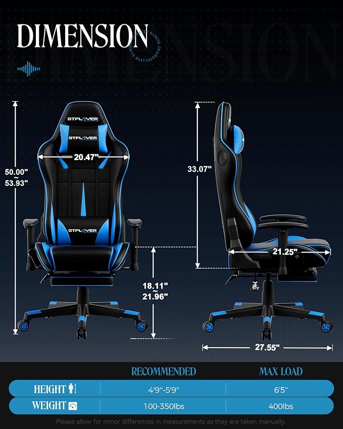 GTPLAYER Gaming Chair with Speakers, Video Game Chairs with Footrest, PC Gamer Chairs for Adults - Padded High Back Ergonomic Reclining Silla Gamer, Linkage Armrest, 909MF, Blue