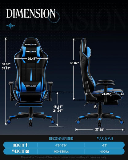 GTPLAYER Gaming Chair with Speakers, Video Game Chairs with Footrest, PC Gamer Chairs for Adults - Padded High Back Ergonomic Reclining Silla Gamer, Linkage Armrest, 909MF, Blue