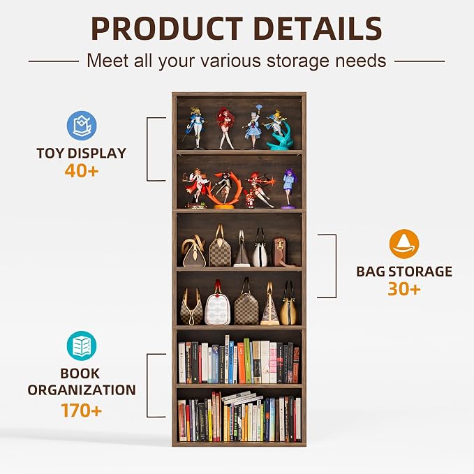 Furniwell 71" Tall Bookcase Bookshelves, 6 Tier Floor Standing Bookcases Open Frame, Modern Display Storage Organizer for Home Office, Living Room, Bedroom, Study Room (Brown, 2 Pcs)