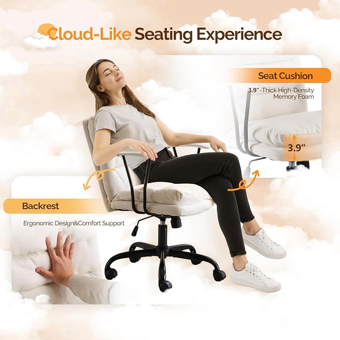 VINGLI Padded White Desk Chair with/No Wheels,Dual-Base,Removable Armrests,Adjustable Comfy Rolling Swivel Computer Task Nail Tech Chair for Home Office,Sewing,Makeup Vanity,Teen,Linen Fabric