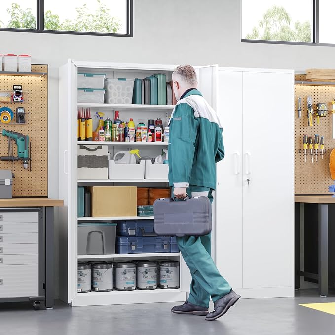 Letaya Metal Storage Cabinets with Lock Door,Steel Locker Garage Cabinets 5 Adjustable Shelves for Home,Office, Warehouse(White)