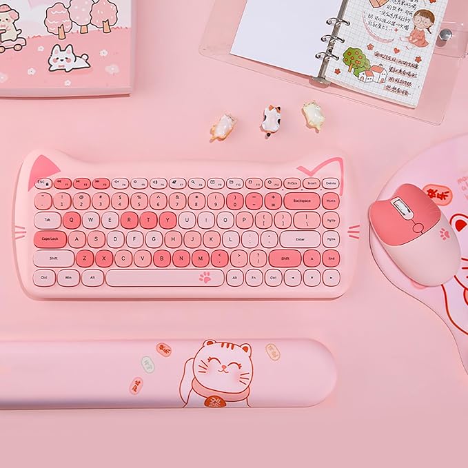 Cute Cat 2.4G USB Wireless Keyboard and Mouse Combo, Silent Keys, Candy Colors, Compatible with Notebook, PC (Pink-84Keys)