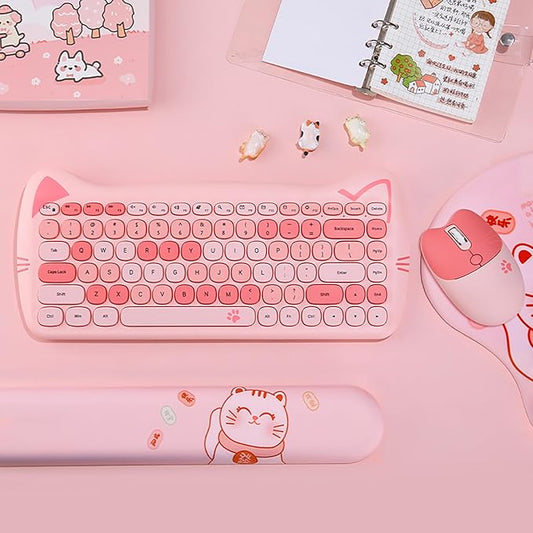 Cute Cat 2.4G USB Wireless Keyboard and Mouse Combo, Silent Keys, Candy Colors, Compatible with Notebook, PC (Pink-84Keys)