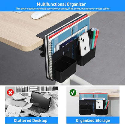 MAXECHO Desk Side Storage, Under Desk Laptop Mount, Table Side Hanging File Organizer, No Drill Clamp On Cable Management Tray, Laptop Holder with Magnetic Pen Holder for Office and Home, Load 22 Lbs