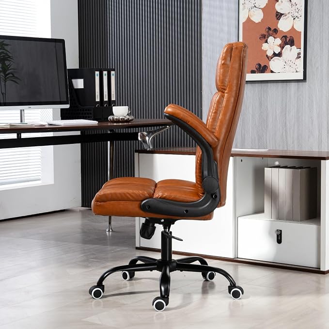 ECOTOUGE Executive Office Chair, PU Leather Ergonomic Comfy Desk Chair, High Back Computer Chair with Adjustable Tilt Angle and Flip-up Arms (Without Footrest Brown)