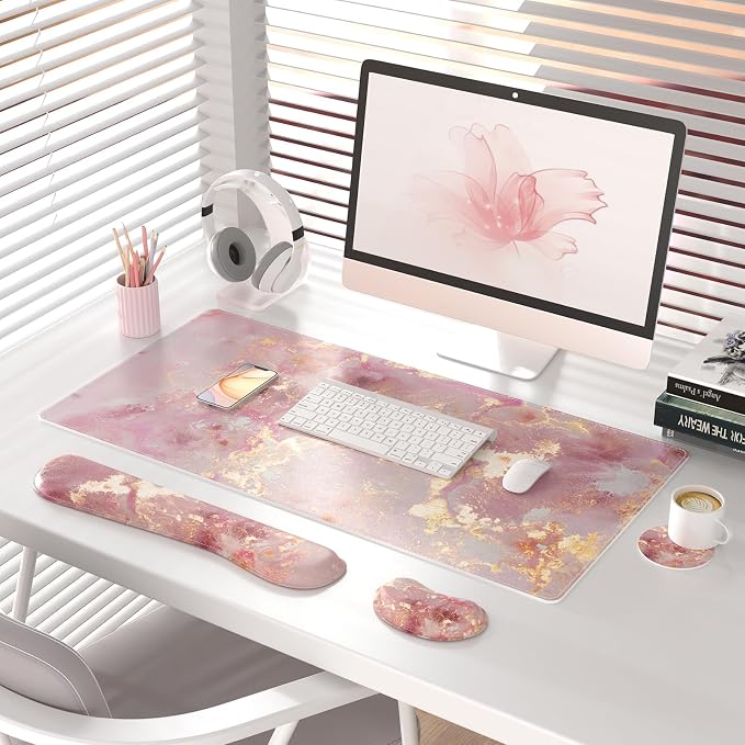 QiyI Leather Desk Mat Set, 4-in-1 Large Mouse Pad with Ergonomic Wrist Rest, Waterproof Desk Pad + Keyboard Wrist Rest + Mouse Wrist Support + Coaster, Non-Slip Office Gaming Accessories, Pink Marble