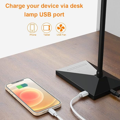 Vansuny LED Desk Lamp with USB Charging Port, Eye-Caring, 5 Color Modes,6 Brightness Levels, Touch Control, Adjustable Neck, Memory Function for Dorm Office Work Bedroom (12W,Black)