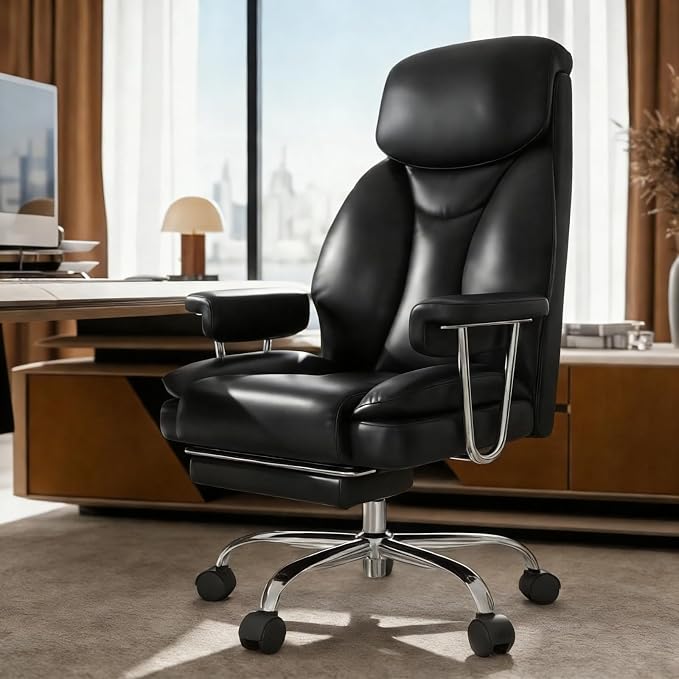 Big and Tall Office Chair, Executive Home Office Desk Chair, Comfy Leather High-Back Reclining Computer Chair with Retractable Footrest and Padded Arms, 360°Swivel Rolling Wheels, Wide Seat, Black