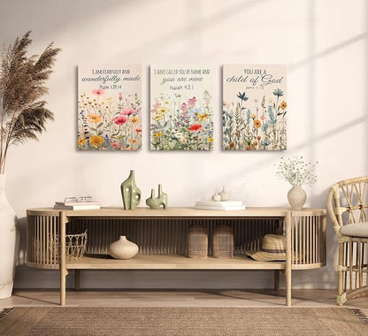 3Pcs Christian Floral Scripture Canvas Wall Art, Wildflower Bible Verse Posters Wall Decor, Psalm Religious Faith Art Pictures Prints for Living Room Bedroom Decorations 16x24in Framed
