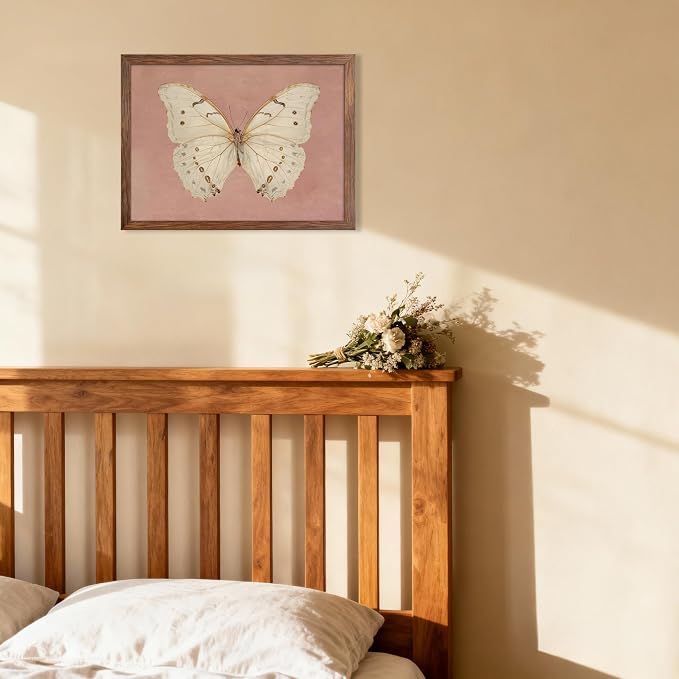 Vintage Butterfly Canvas Wall Art, Pink Butterfly Wall Decor Pictures, Antique White Moth Prints Paintings Neutral Insect Room Decor Aesthetic for Bedroom Bathroom Office 12x16 Inch Wood Frame
