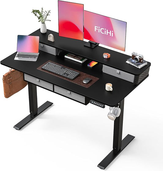 FiCiHi Electric Standing Desk with Four Drawers, 48 x 24 Inch Adjustable Height Sit Stand Desk, C-Clamp Compatible Home Office Desk with Storage Shelf &Monitor Stand Riser, Classical Black