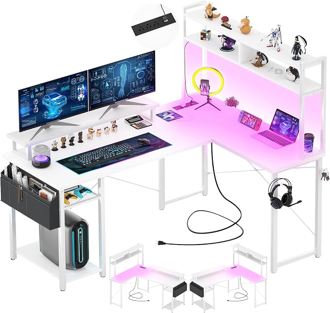 Aheaplus Small L Shaped Desk with Charging Port & LED Strip, Reversible L-Shaped Gaming Desk Computer Desk with Monitor Stand & Storage Shelf, Corner Desks Home Office Desk with Storage Bag, White