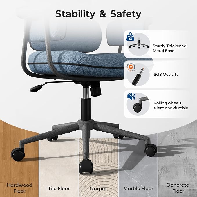 HomeZeer Blue Office Chair, Memory Foam Seat Mid Century Modern Desk Chair | 3.9" Sloped U-Shaped Memory Foam Cushion, Granular Linen Fabric, Lumbar Support, 1.2mm Sturdy Metal Tube, 400LBS Capacity