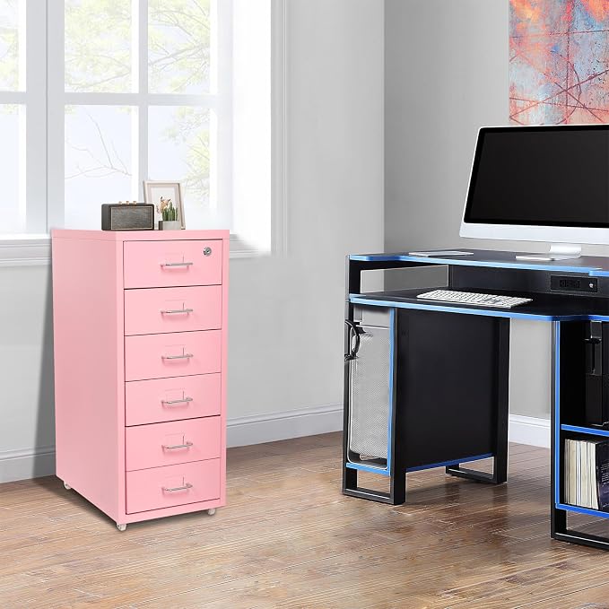 Vertical File Cabinet, 6 Drawers Rolling File Organizer Cabinets with Lock, Heavy Duty Metal Storage Cabinet, Movable Under Desk Filing Cabinet for Office, Study, Dresser (Pink)