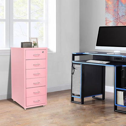 Vertical File Cabinet, 6 Drawers Rolling File Organizer Cabinets with Lock, Heavy Duty Metal Storage Cabinet, Movable Under Desk Filing Cabinet for Office, Study, Dresser (Pink)