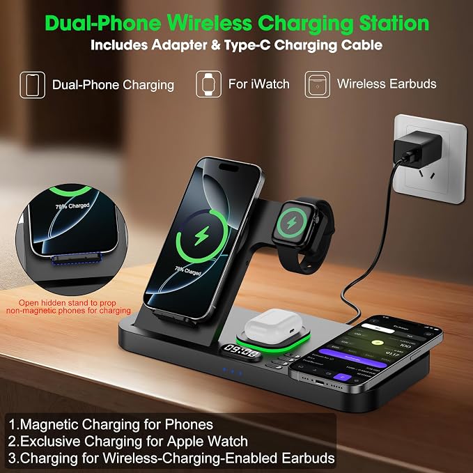 Dual Phone Wireless Charging Station for Apple Devices, Magnetic Charging Station for iPhone with Auto Switch 7-Color Light&Clock, Family Watch Charger for iPhone17 for iWatch11 for AirPods Pro3(Black