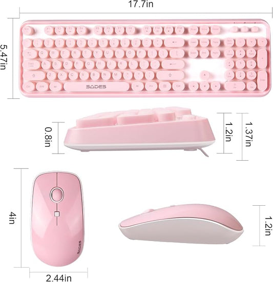 Pink Keyboard and Mouse Wireless, Keyboard for Long Nails, Typewriter Style Pink Keyboard with Round Keys, 2.4GHz Cute Bubble Full Size Keyboard and Mouse Combo with Number Pad for PC Laptop Desktop