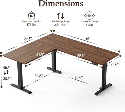 Klicelor L Shaped Standing Desk 63 x 55.1 Inch Dual Motors, Electric Height Adjustable Corner Desk for Home Office Workstation, Ergonomic Sit Stand Computer Table with Memory Controller, Dark Walnut