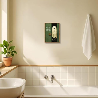 Funny Ghost Cat Halloween Bathroom Wall Art, Cute Ghost Bathroom Halloween Wall Decor Are You Pooping Picture, Vintage Framed Canvas Prints Funny Artwork for Restroom 8x10in Wood Frame