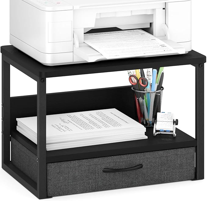 MARTY Printer Stand with Storage Drawer for Desk, 2-Tier Desktop Printer Stand Shelf Organzier for Home Office Printer Riser Under Desk Small Printer Table for Fax Machine Copier Scanner (Black)
