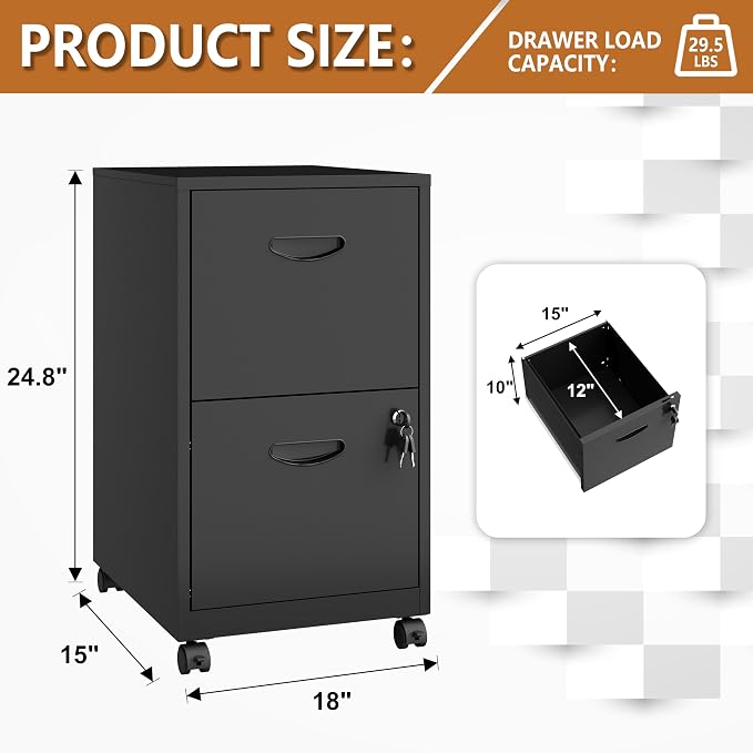 Polup 2 Drawer File Cabinet on Wheels, Mobile Two Drawer Filing Cabinet with Lock, Small Rolling Files Cabinets for Under Desk, Metal Filing Cabinets for Letter Size Folders - Assembly Required