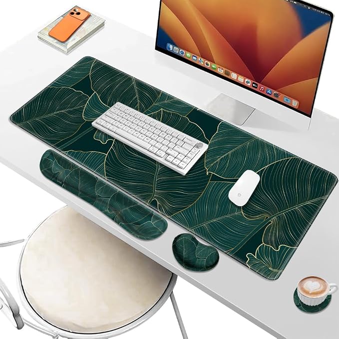 Desk Pad and Keyboard Wrist Rest, Large Mouse Pad + Keyboard Pad+Mouse Wrist Support, Non-Slip Desk Mat Protector for Office, Home 31.5×11.8 Inches Plant Leaves