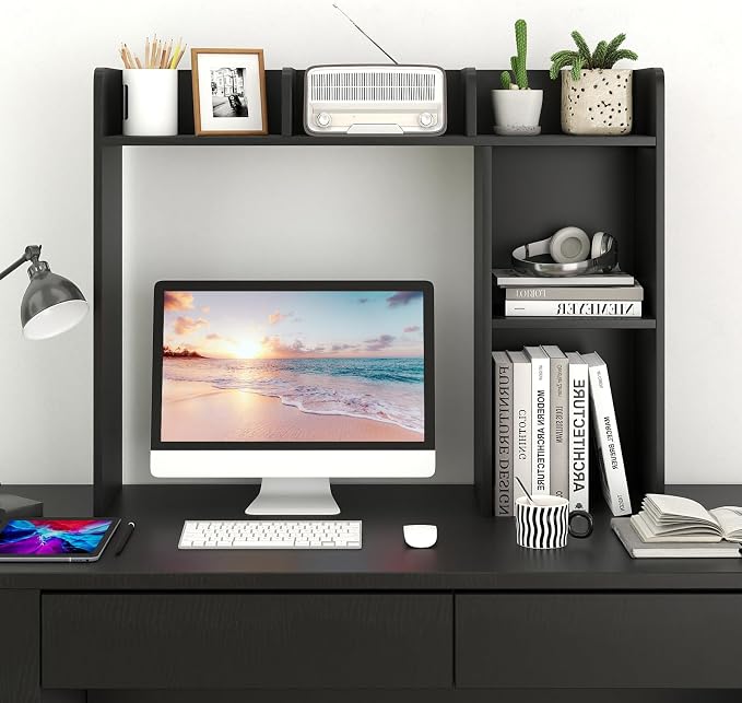 LDAILY Desktop Shelf, Multipurpose Wood Desk Hutch for Max 27" Computer Monitor, Countertop Storage Hutch with 5 Shelves, 3 Tier Desktop Display Rack for Dorm Office Home(Black)