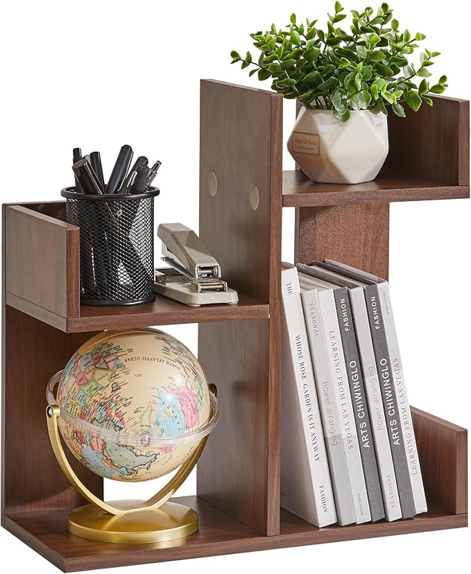 Aibiju Small Bookshelf for Small Space, Unique Cactus Bookcase, Kitchen Counter Shelf Desktop Organization, Light Walnut YD-DSR002LW