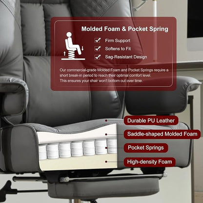 EXCEBET Big and Tall Office Chair 400lbs Wide Seat, Leather High Back Executive Office Chair with Foot Rest, Ergonomic Chairs Lumbar Support for Lower Back Pain Relief (Grey)