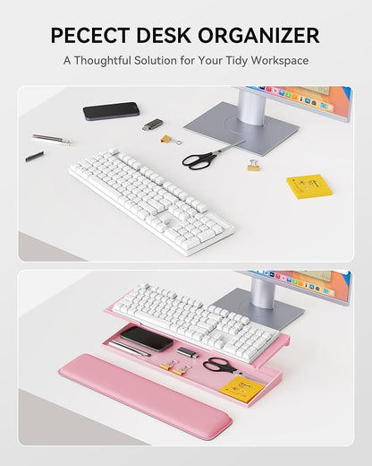 Laborio Computer Keyboard Stand with Storage Box, Keyboard Riser Wrist Rest for Desktop, Office Desk Organizer Accessories(Pink)