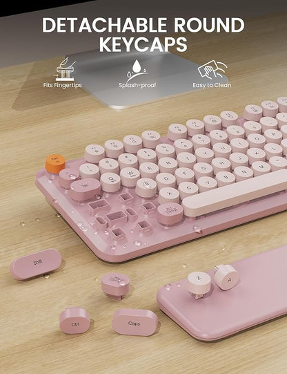 Wireless Keyboard and Mouse Combo, Typewriter Keyboard with Detachable Wrist Rest, Full-Size Retro Round Keycaps, Smart-Sleep, 2.4GHz Stable Connection for Mac/Windows/PC, Trueque(Dusty Rose)