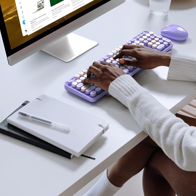 Wireless Keyboard and Mouse Combo, MOWUX Colorful Computer Full Size 2.4G Plug and Play Wireless Typewriter Keyboard and Mouse Set for Windows, Computer, Desktop, PC, Notebook (Purple Colorful)