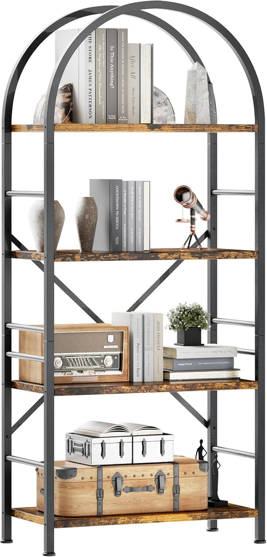 Shintenchi Arched Bookshelf, 4 Tier Bookcase, Tall Storage Shelf, Brown