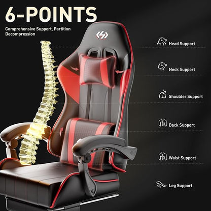 HLDIRECT Gaming Chair, Ergonomic Computer Office Chair with Lumbar Support Footrest Headrest, Adjustable Height & Backrest Angle Video Gamer Chair, PU Leather, 360° Swivel, Adult (Black&Red)