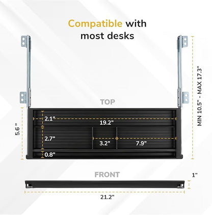 Mount-It! Under Desk Pencil Drawer | 21.25” W, Ball Bearing Slide-Out Organizer for Office Supplies, Paper & Pencils | Fits Desks Over 1” Thick, Adjustable Extension 16.25”–28”