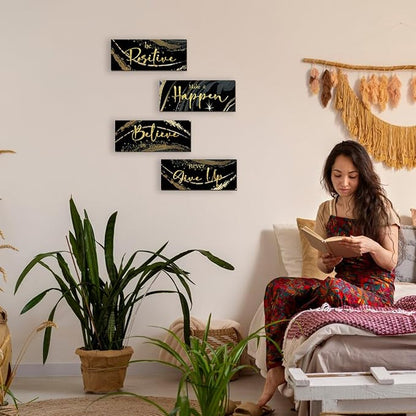 FENCORDAR 4 Piece Black and Gold Wall Decor Set Motivational Wall Decor Inspirational Wooden Signs for Bedroom Bathroom Women’s Office Abstract Elegant Art for Home or Office Decoration 10X4 Inches