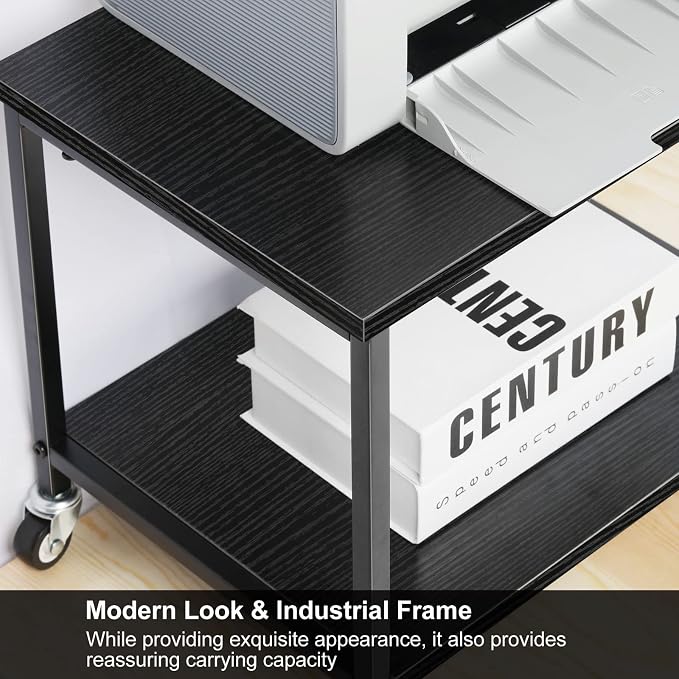 CADUKE Black Printer Stand, Under Desk Printer Table with Wheels, Mobile Printer Shelf 2 Tier Rolling Printer Cart for Home Desktop Organizer Shelf for Printer Fax Scanner Stand Rack Wood