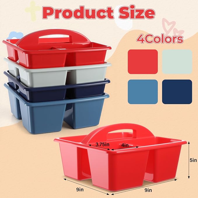 Kathfly 4 Pack Classroom Caddy Organizer with Handle, Plastic Art Craft Cleaning Caddy Bulk, Small Multipurpose Supply Organization Storage Basket for Table Desk Office Pencil Teacher (Blue Red)