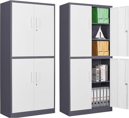 Letaya Metal Storage Cabinet with Lock Door, Adjustable Shelf Steel Cabinets for Office, Home,Pantry,Kitchen,Garage Utility Cabinet (4 Door-White&Gray)
