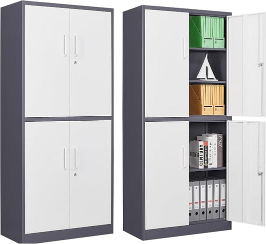 Letaya Metal Storage Cabinet with Lock Door, Adjustable Shelf Steel Cabinets for Office, Home,Pantry,Kitchen,Garage Utility Cabinet (4 Door-White&Gray)