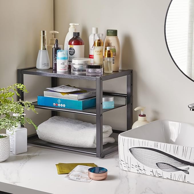 YMYNY Desktop Printer Stand, 3 Tiers Desk Organizer with Adjustable Storage Shelves, Multi-Purpose Printer Shelf for Home Office, Fax Machine, Scanner, Files, Books, Black, UHPT001B