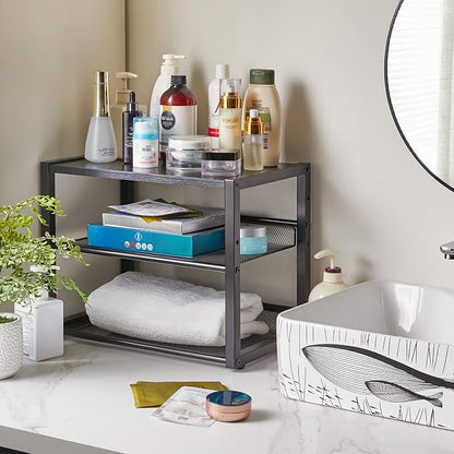 YMYNY Desktop Printer Stand, 3 Tiers Desk Organizer with Adjustable Storage Shelves, Multi-Purpose Printer Shelf for Home Office, Fax Machine, Scanner, Files, Books, Black, UHPT001B