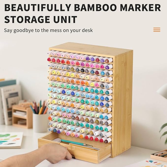 AUTOARK Natural Bamboo Marker Organizer with Drawer, AHK-065 | 182 Slots